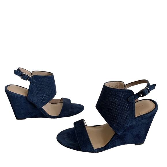 H by Halston Suede Open Toe Wedge Navy Blue McKenzie Sandals Size 5.5 NWOT - Picture 1 of 12